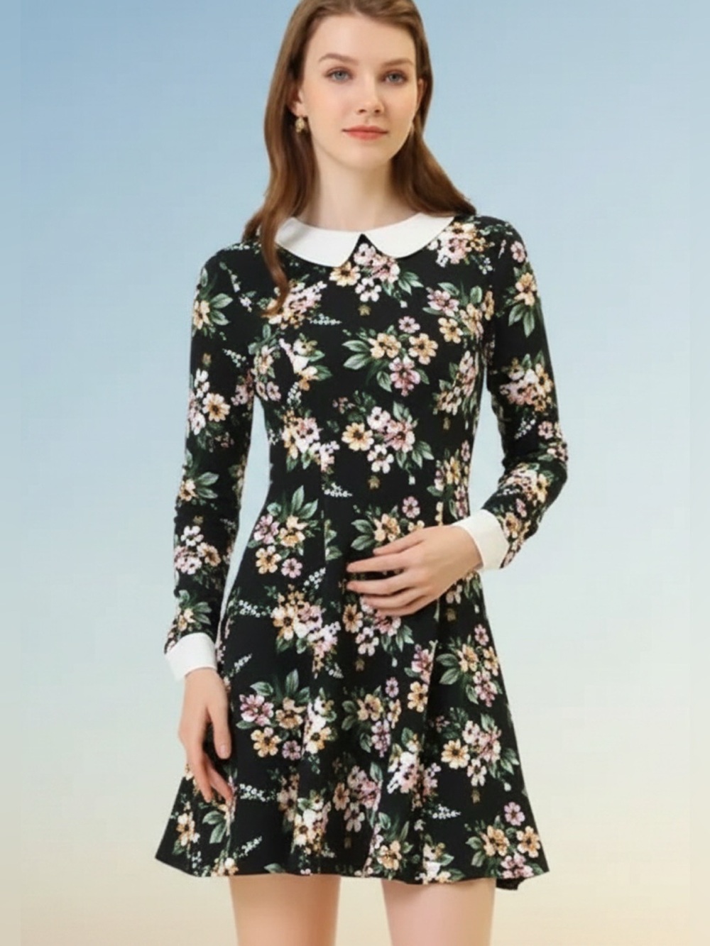 Floral Fit & Flare Dress with White Peter Pan Collar •NWT •20" p2p, 36" length